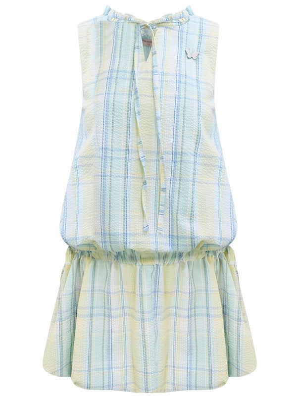 Pastel Plaid Ruffle-Neck Mini Dress