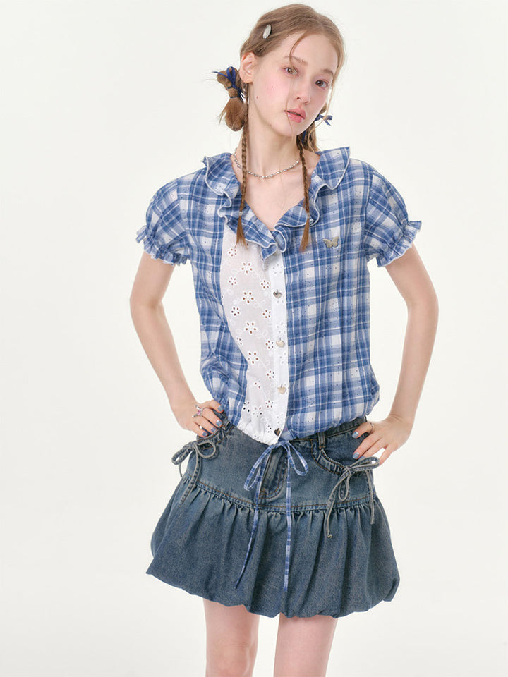 Preppy Plaid Eyelet Panel Shirt