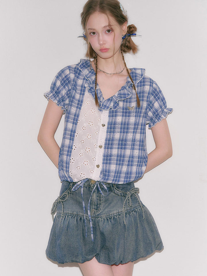 Preppy Plaid Eyelet Panel Shirt