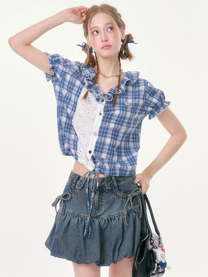 Preppy Plaid Eyelet Panel Shirt