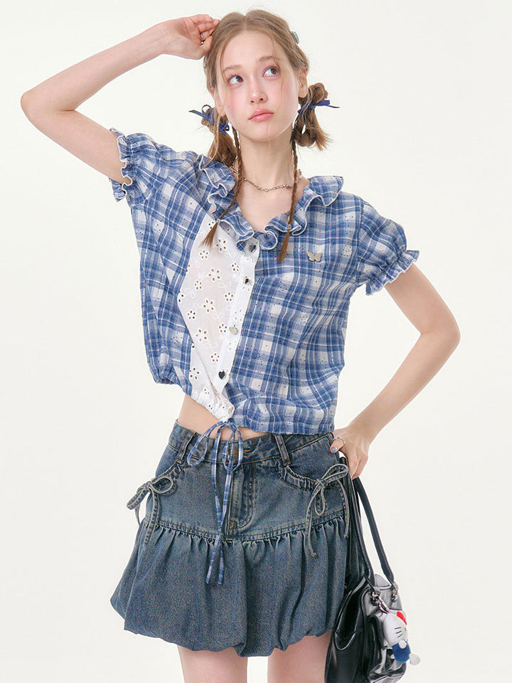 Preppy Plaid Eyelet Panel Shirt