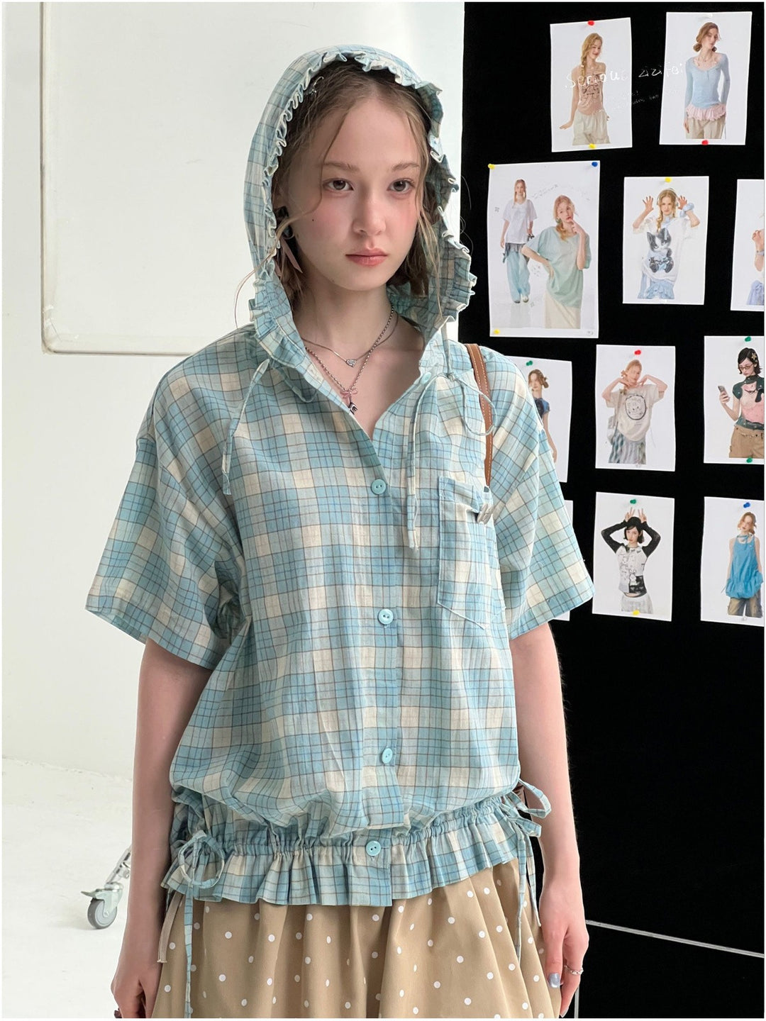 Green Plaid Ruffle Hooded Shirt