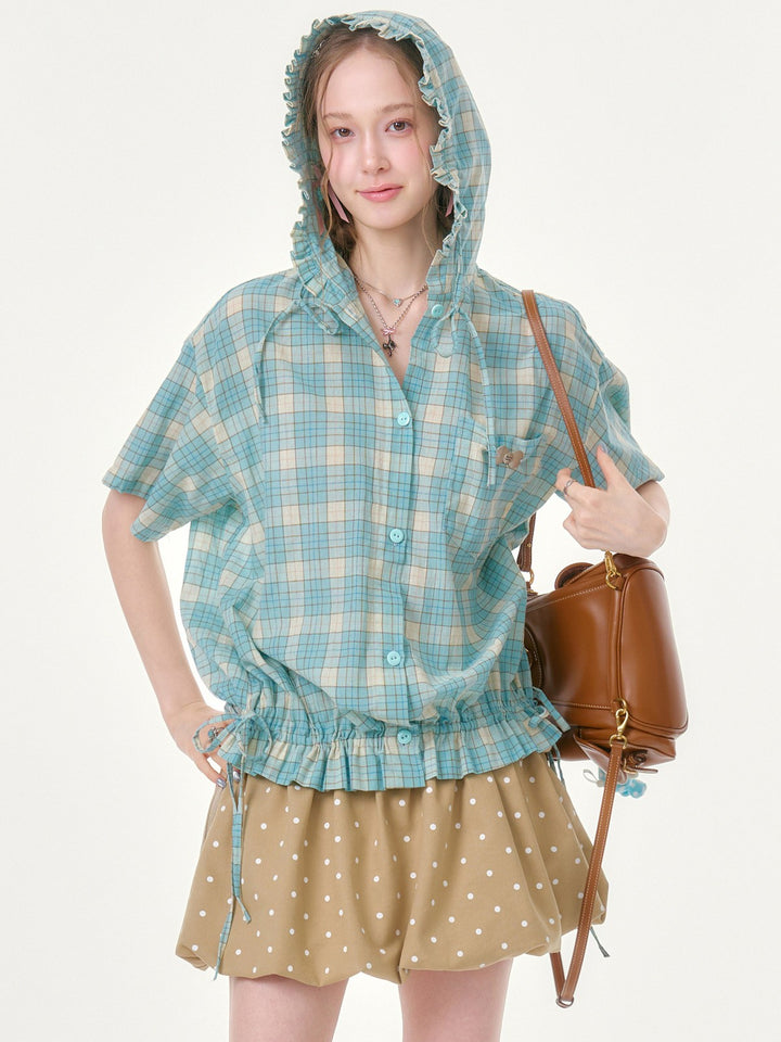 Green Plaid Ruffle Hooded Shirt