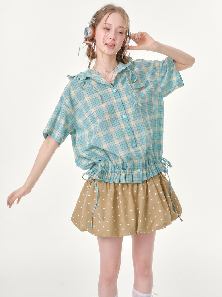 Green Plaid Ruffle Hooded Shirt