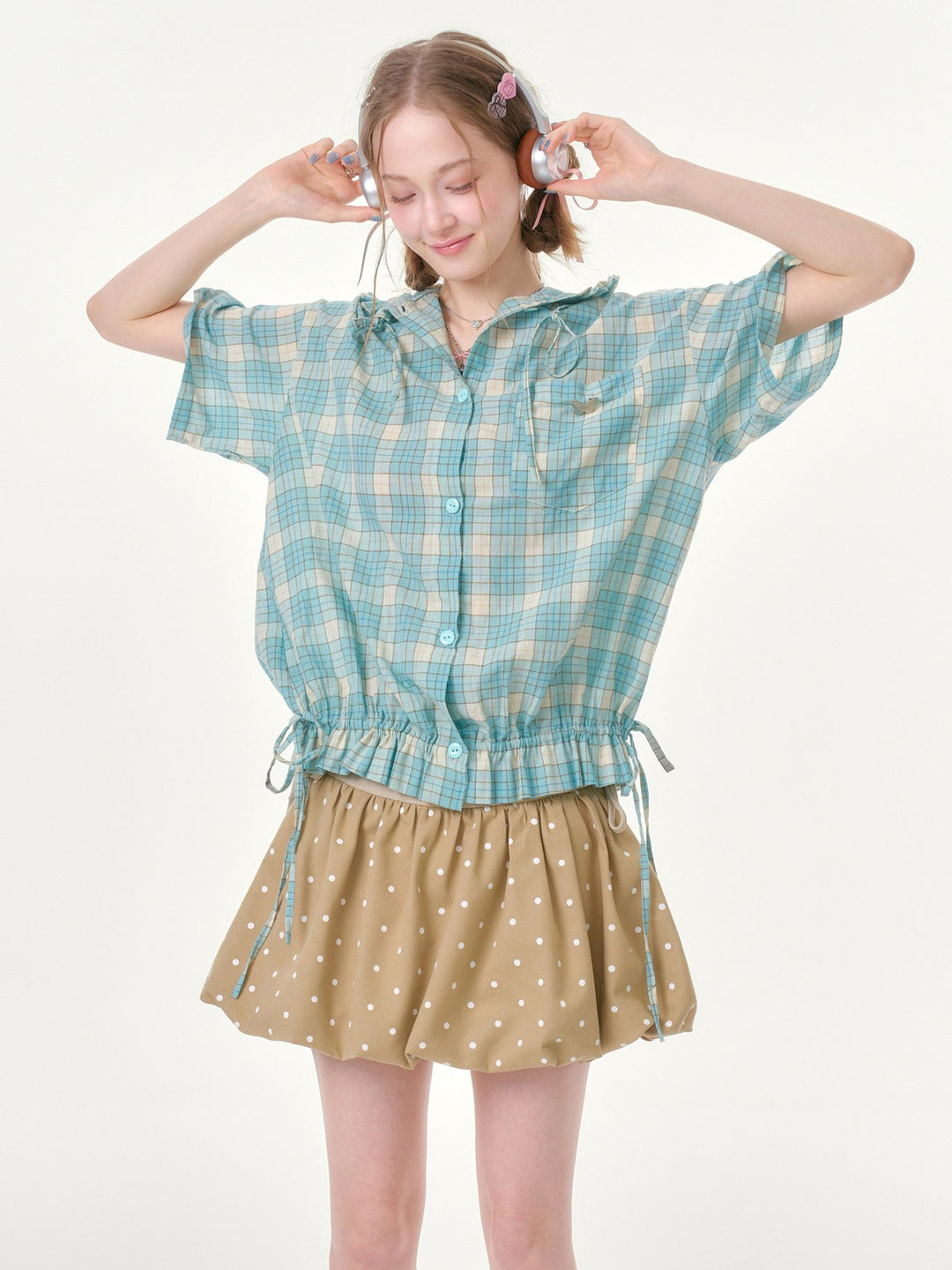 Green Plaid Ruffle Hooded Shirt