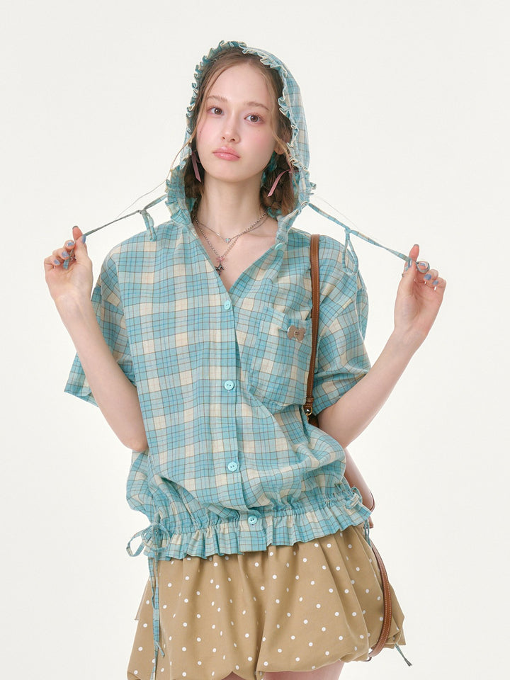 Green Plaid Ruffle Hooded Shirt