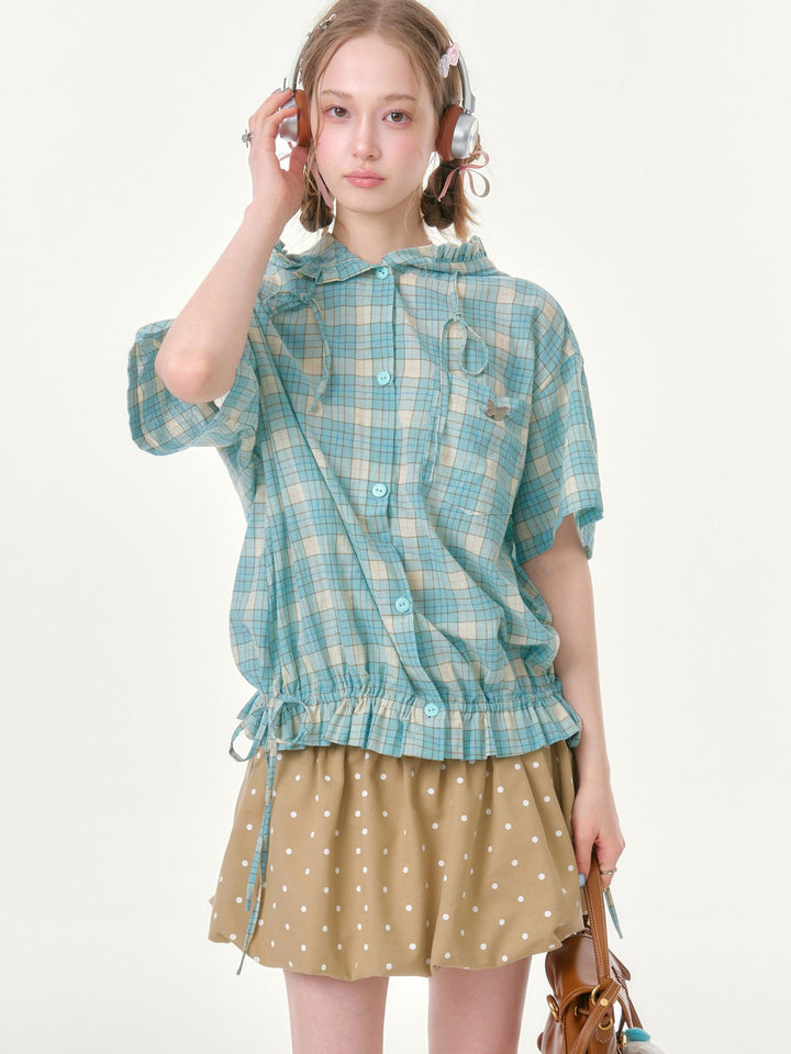 Green Plaid Ruffle Hooded Shirt