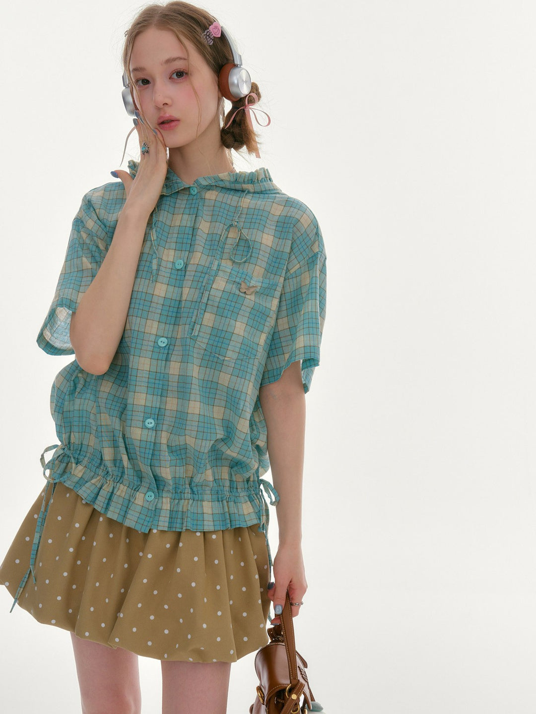 Green Plaid Ruffle Hooded Shirt