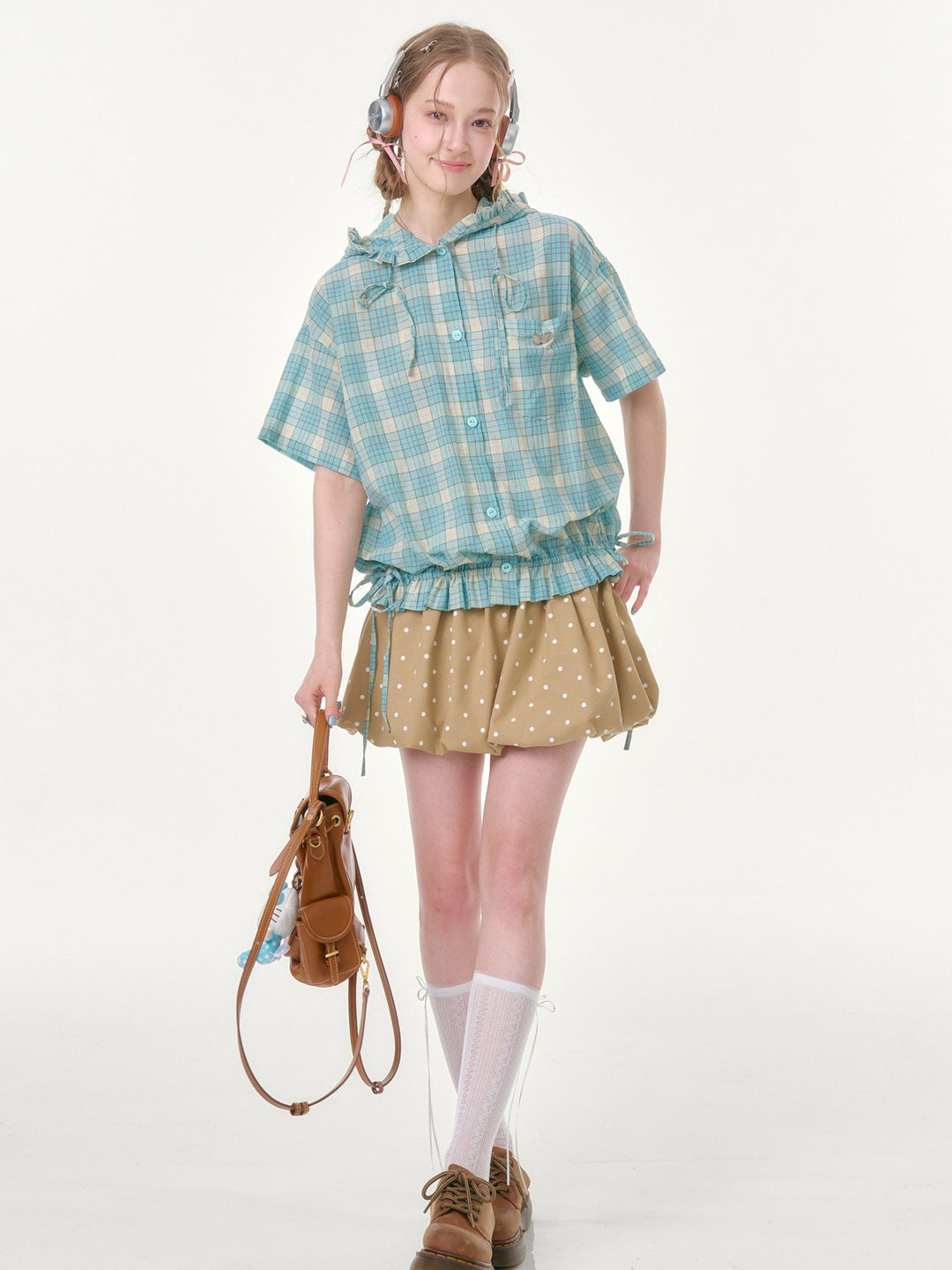 Green Plaid Ruffle Hooded Shirt