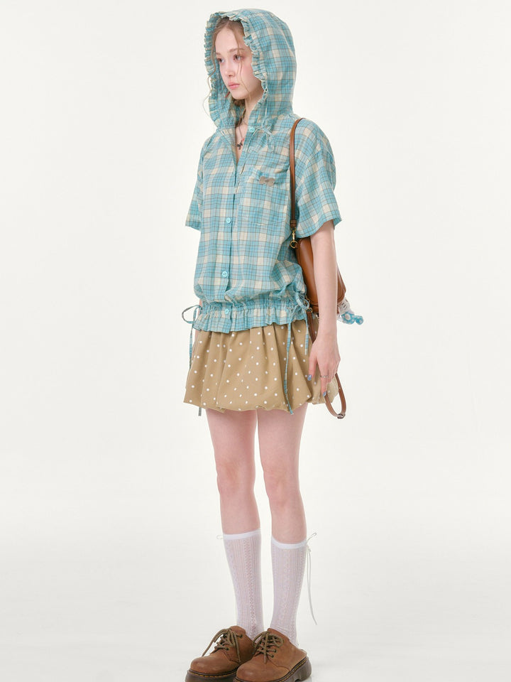 Green Plaid Ruffle Hooded Shirt