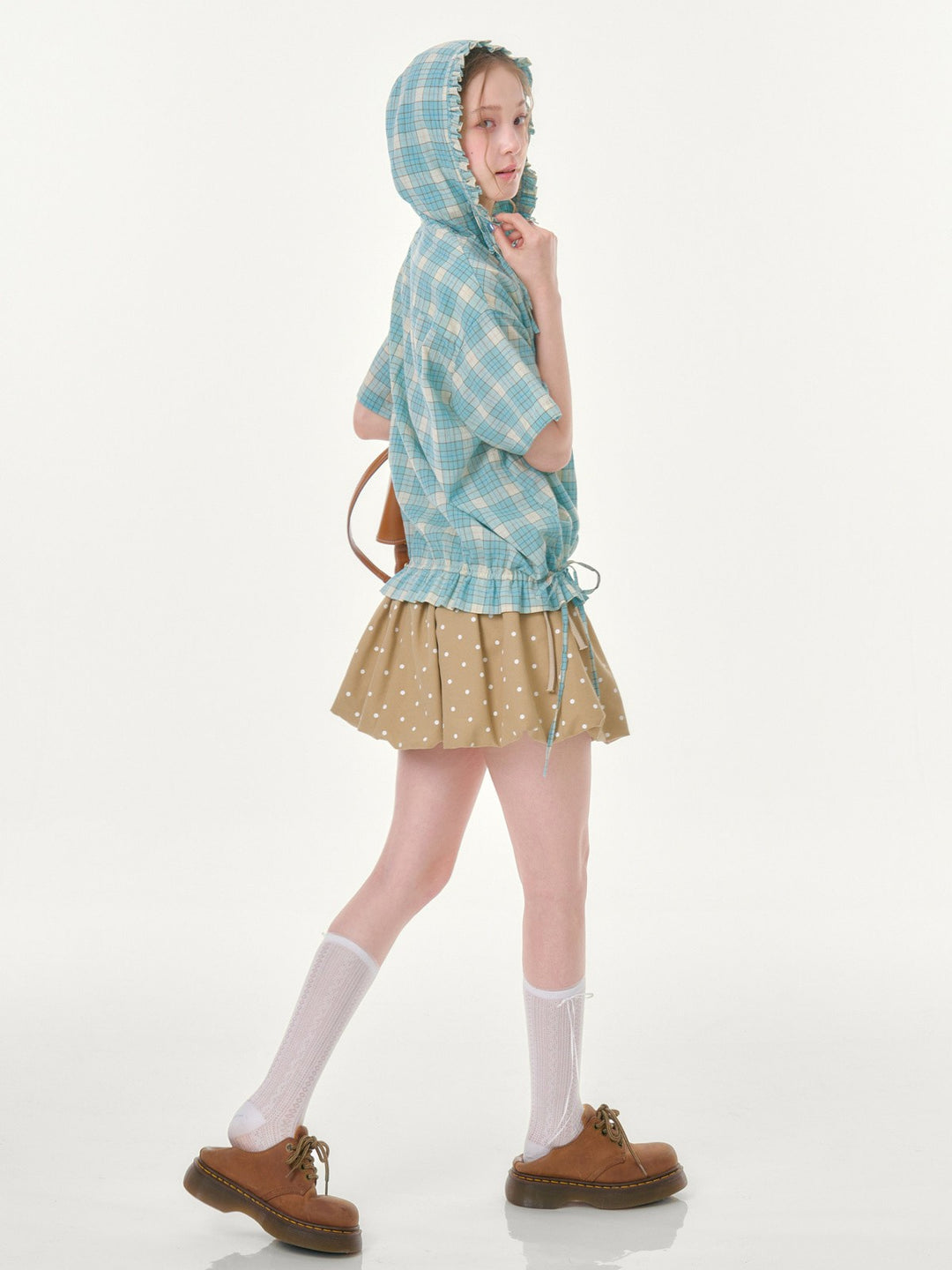 Green Plaid Ruffle Hooded Shirt