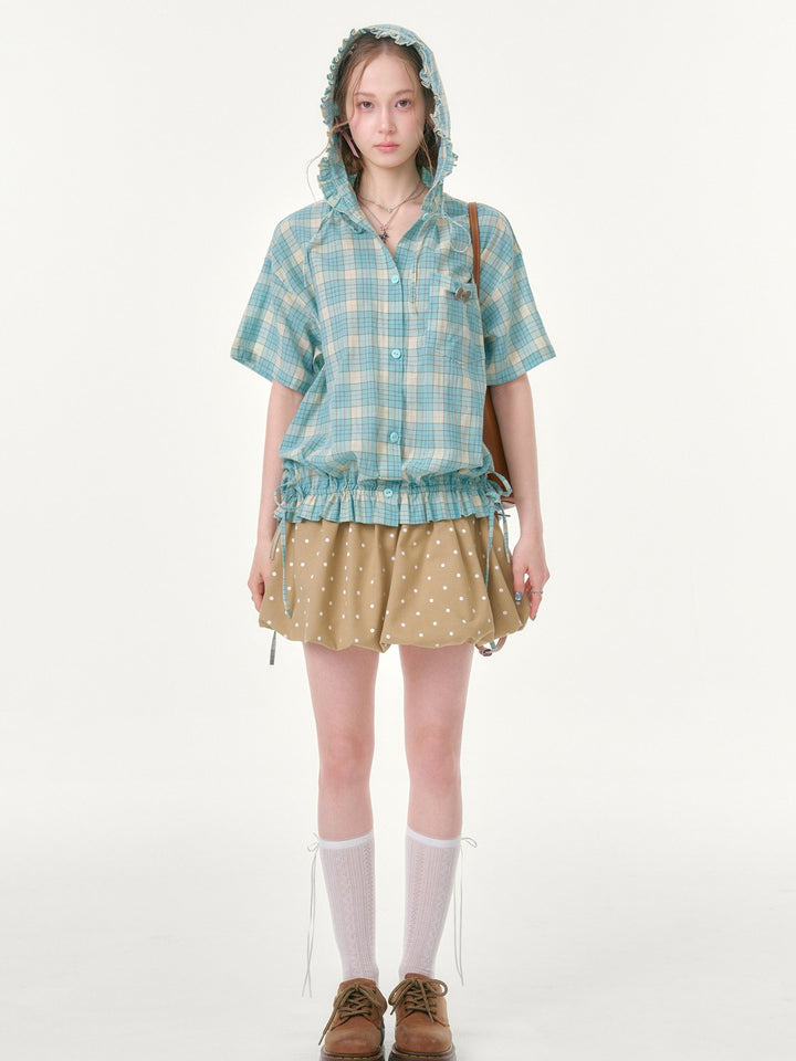 Green Plaid Ruffle Hooded Shirt