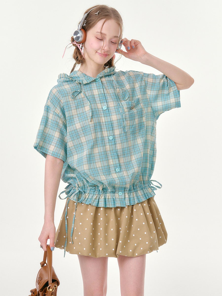 Green Plaid Ruffle Hooded Shirt