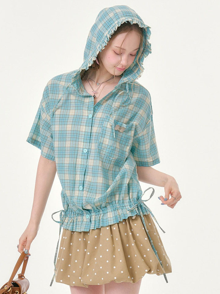 Green Plaid Ruffle Hooded Shirt
