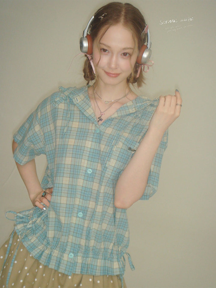 Green Plaid Ruffle Hooded Shirt