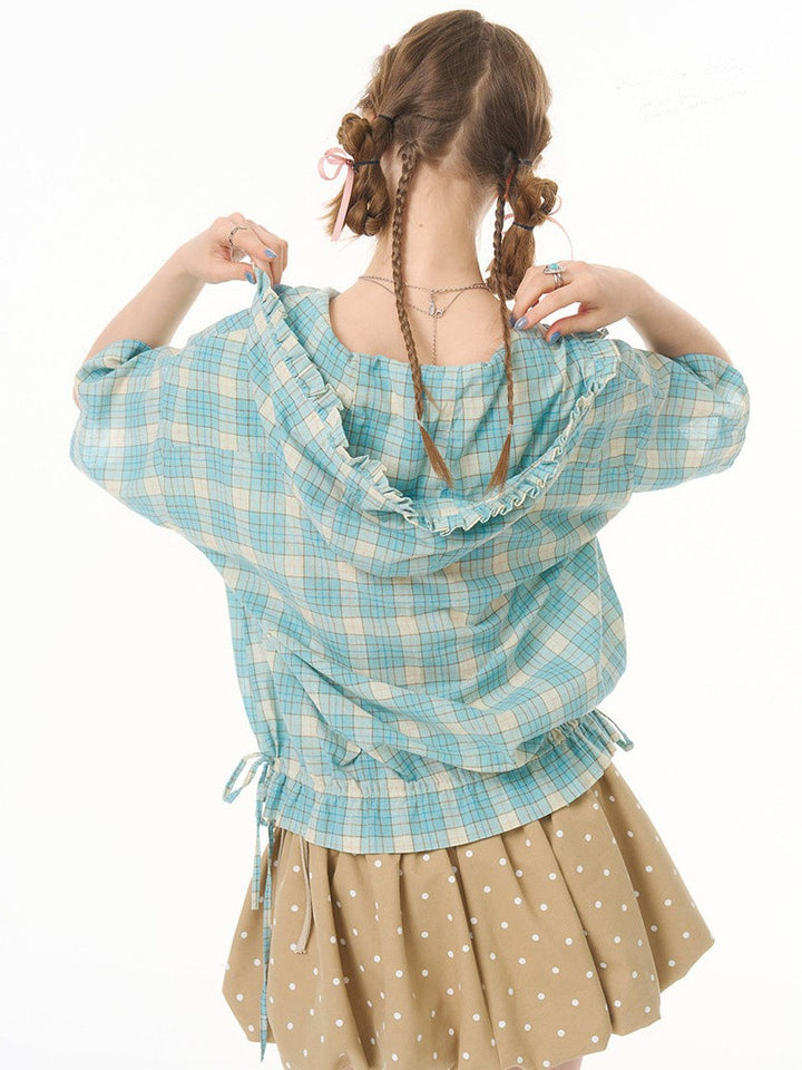 Green Plaid Ruffle Hooded Shirt