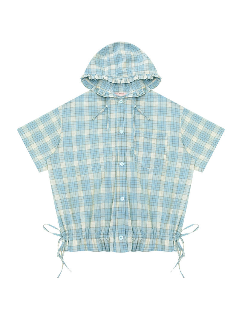 Green Plaid Ruffle Hooded Shirt