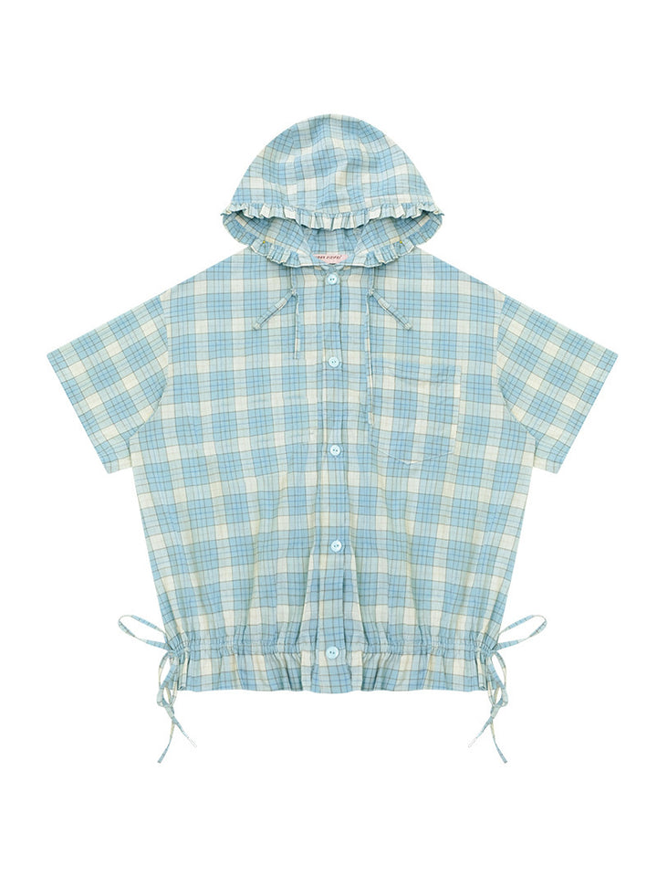 Green Plaid Ruffle Hooded Shirt