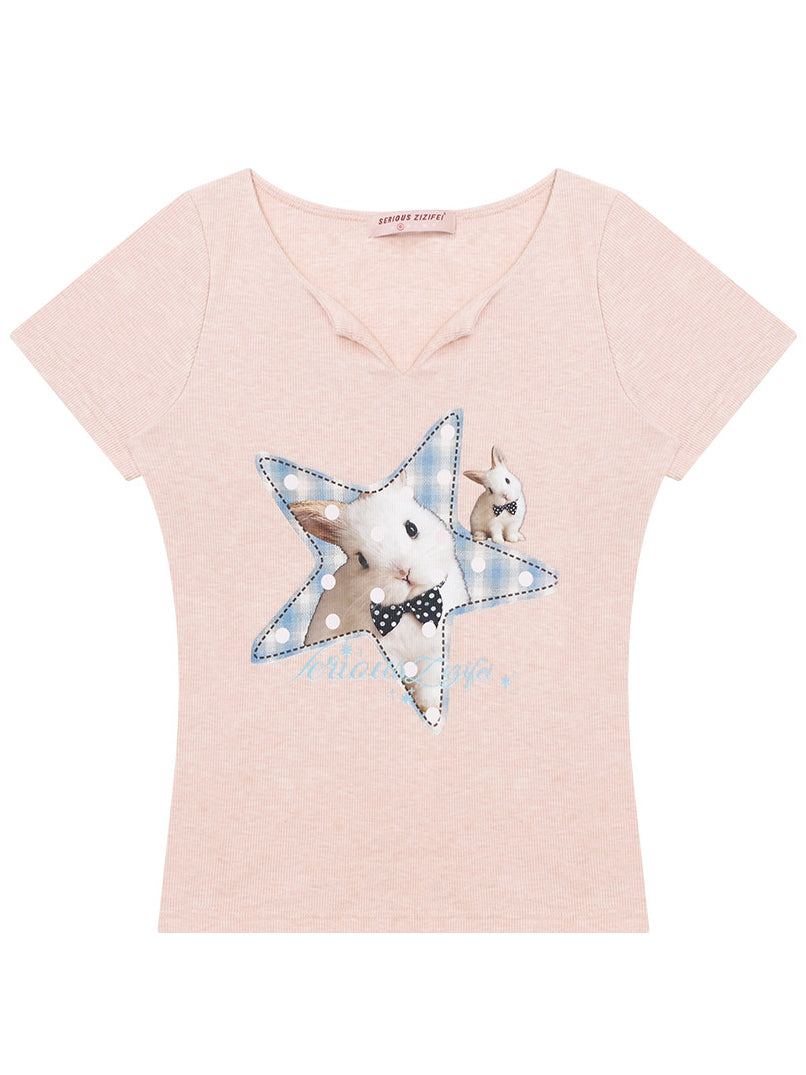Pink Star Bunny Graphic T-Shirt
