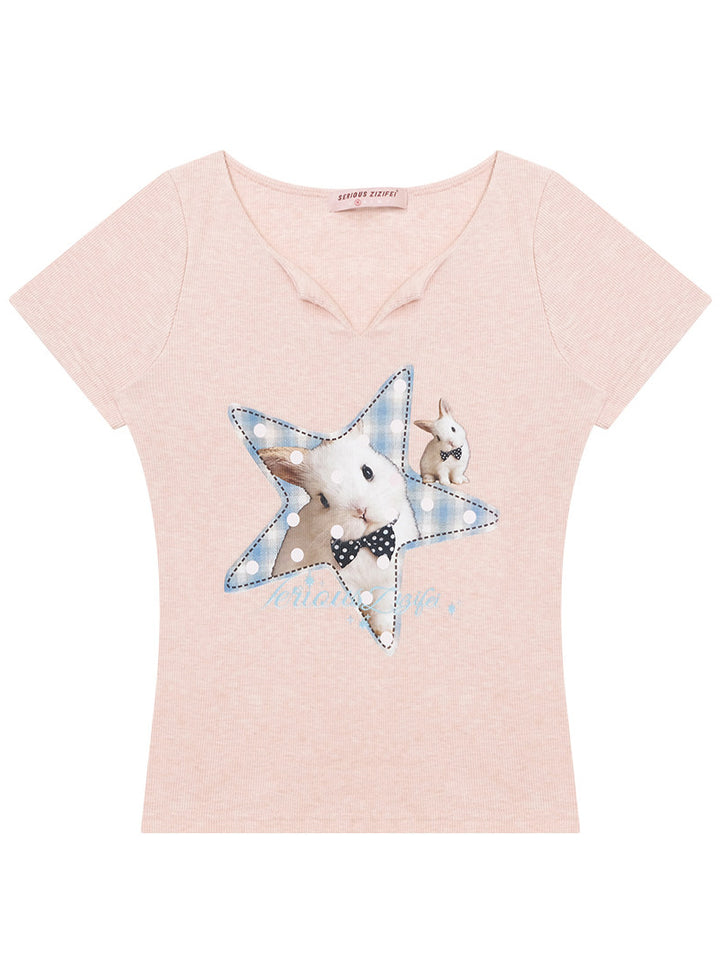 Pink Star Bunny Graphic T-Shirt