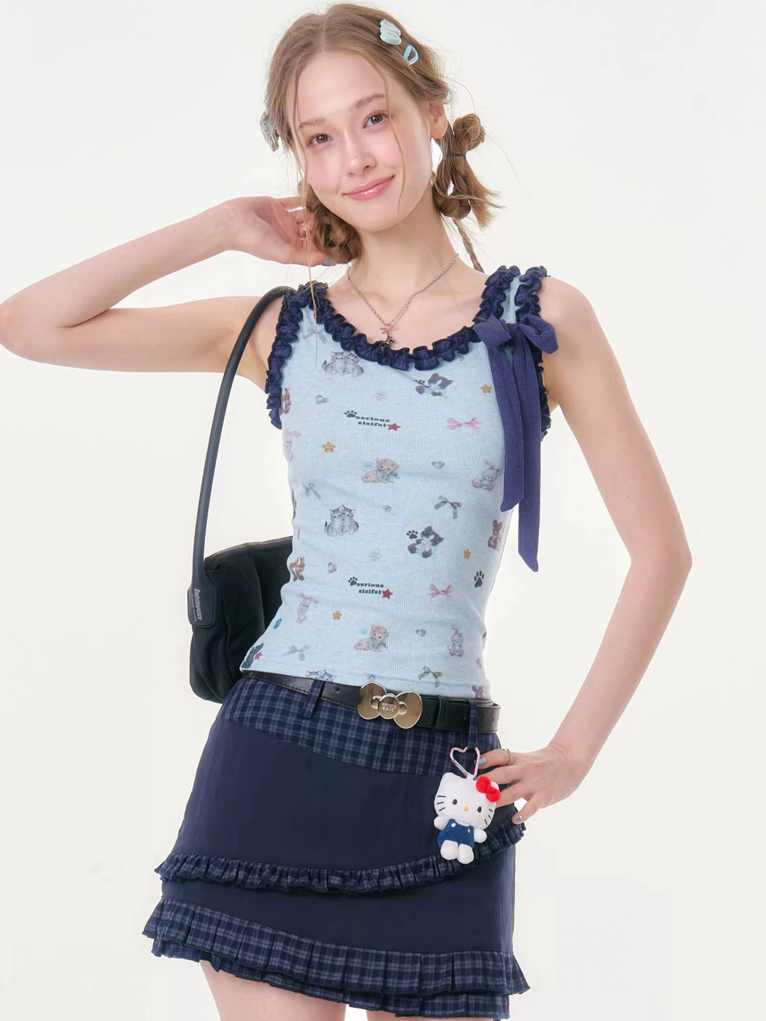 Cat Print Ruffle Bow Tank Top
