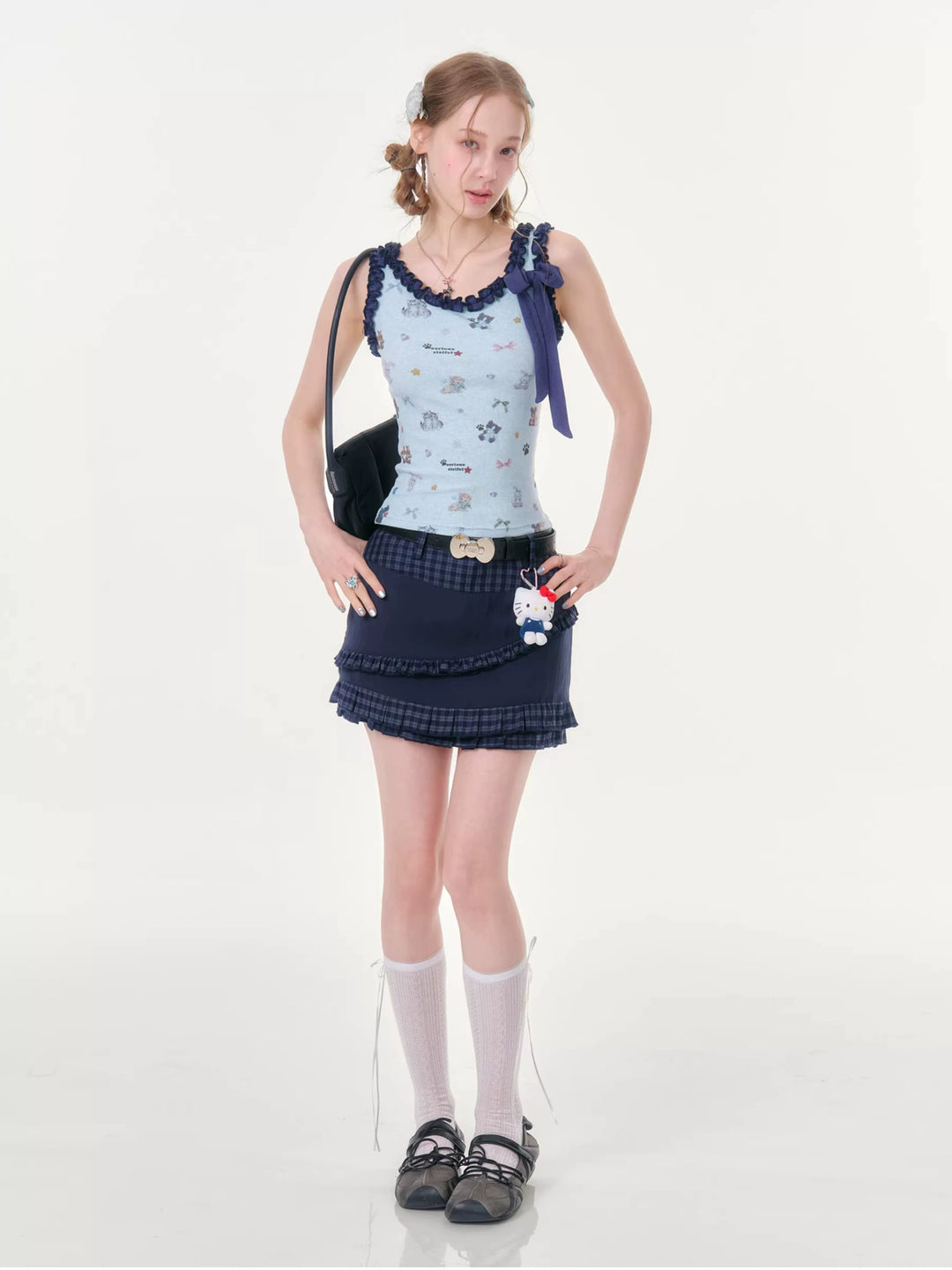 Cat Print Ruffle Bow Tank Top