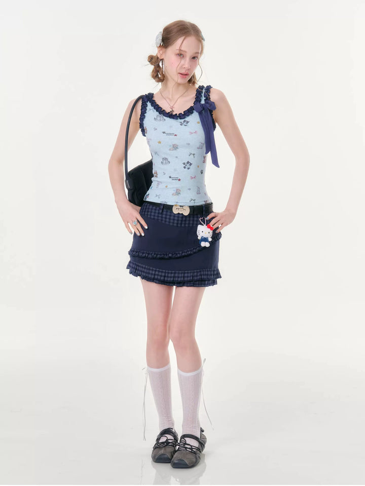 Cat Print Ruffle Bow Tank Top