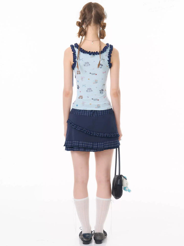 Cat Print Ruffle Bow Tank Top