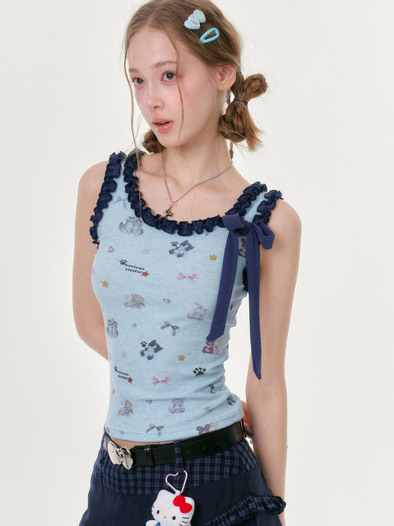 Cat Print Ruffle Bow Tank Top