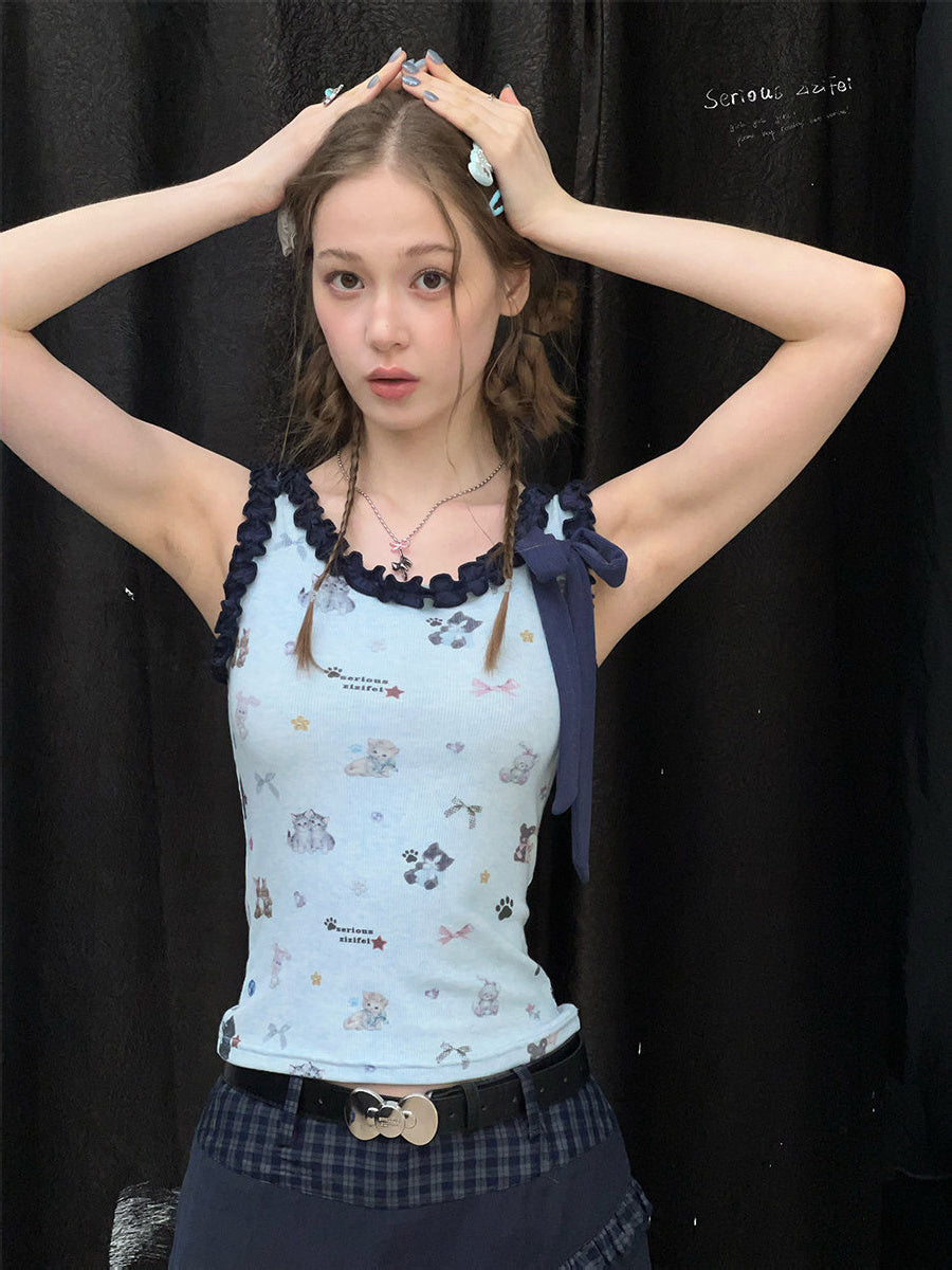 Cat Print Ruffle Bow Tank Top