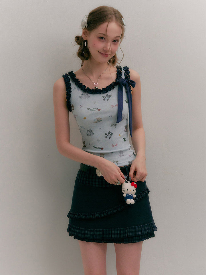 Cat Print Ruffle Bow Tank Top