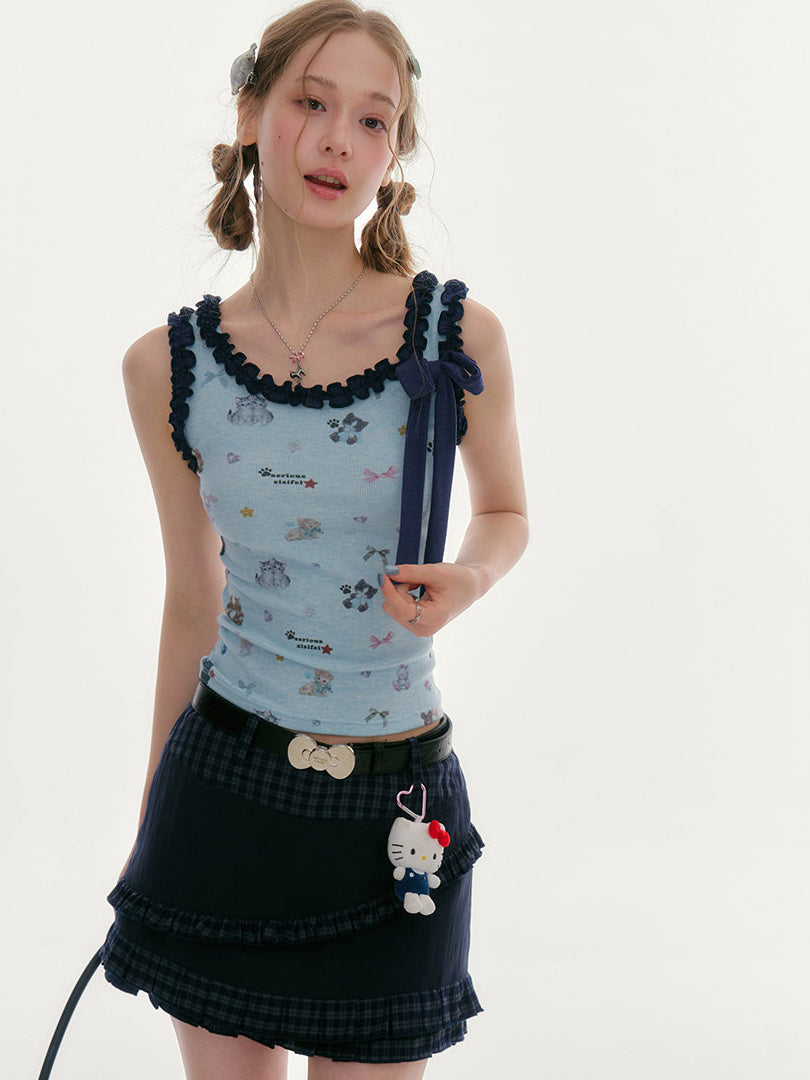 Cat Print Ruffle Bow Tank Top