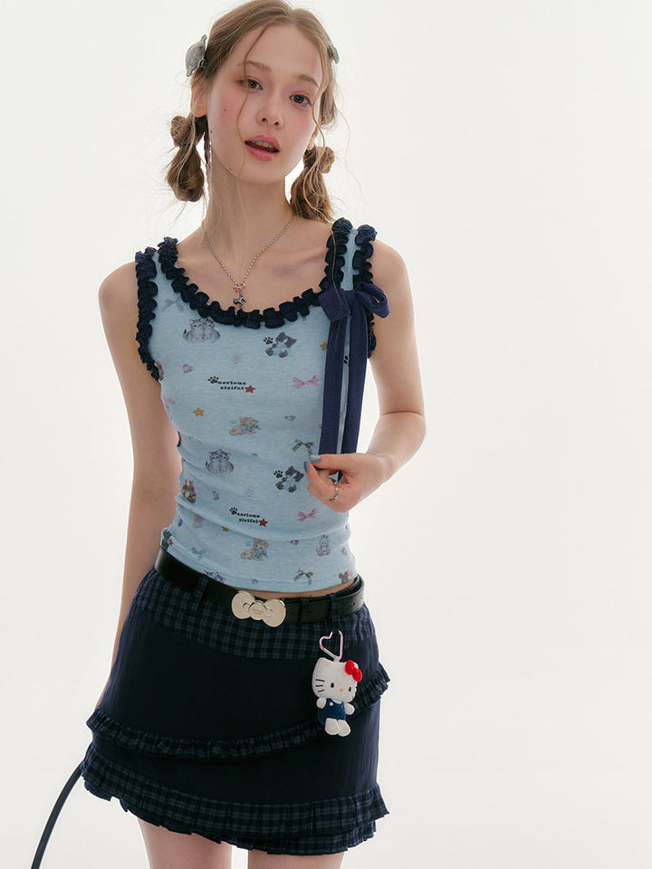 Cat Print Ruffle Bow Tank Top