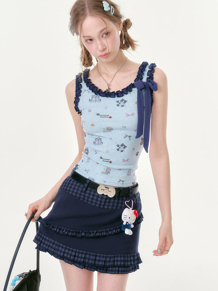 Cat Print Ruffle Bow Tank Top