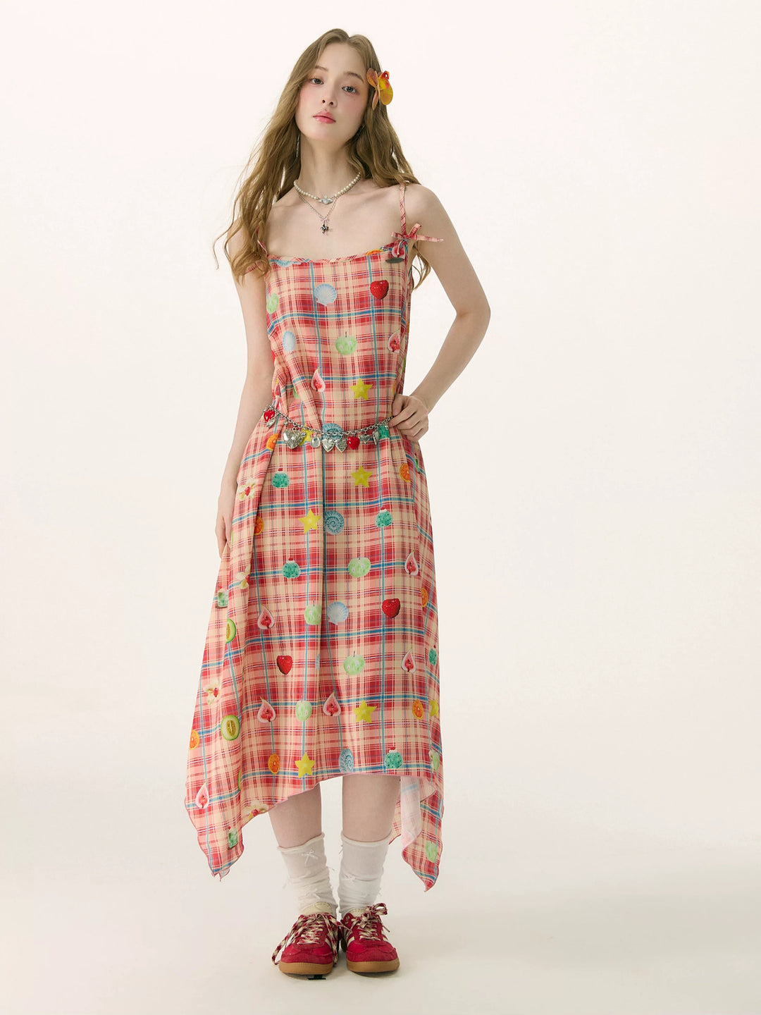 Fruit Print Plaid Handkerchief Maxi Dress