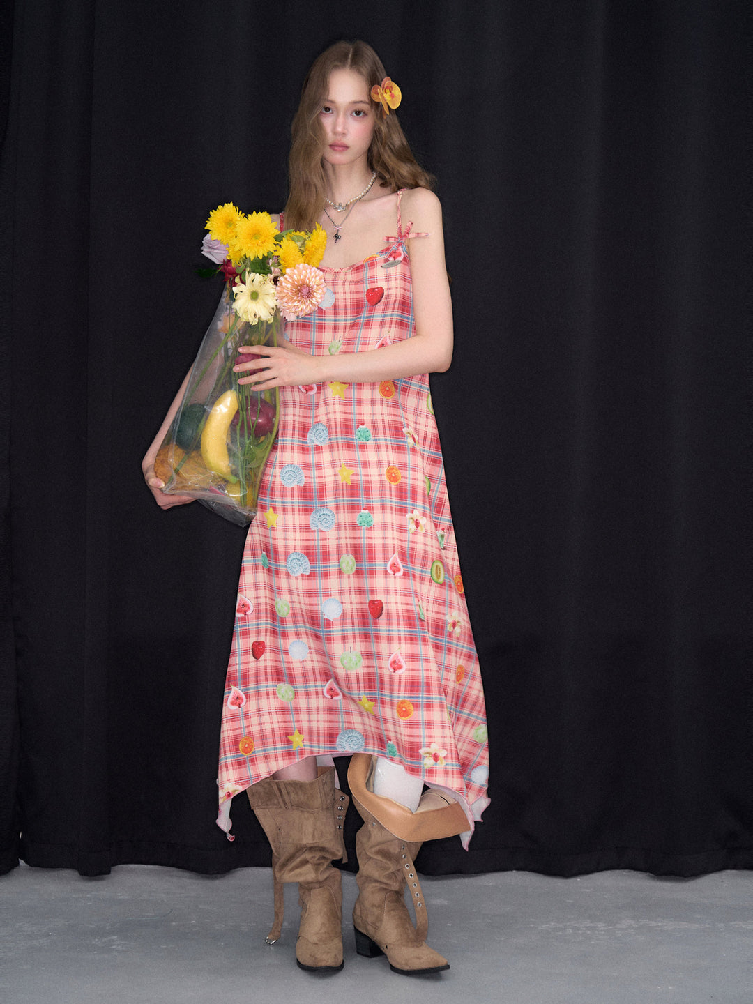 Fruit Print Plaid Handkerchief Maxi Dress