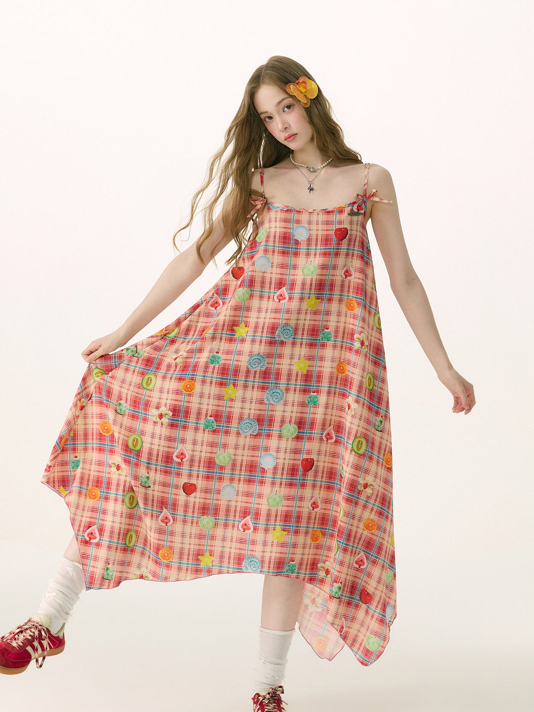 Fruit Print Plaid Handkerchief Maxi Dress
