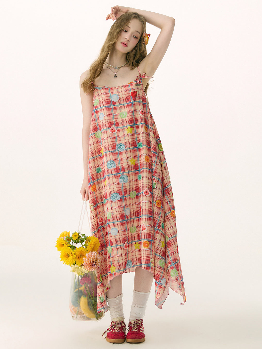 Fruit Print Plaid Handkerchief Maxi Dress