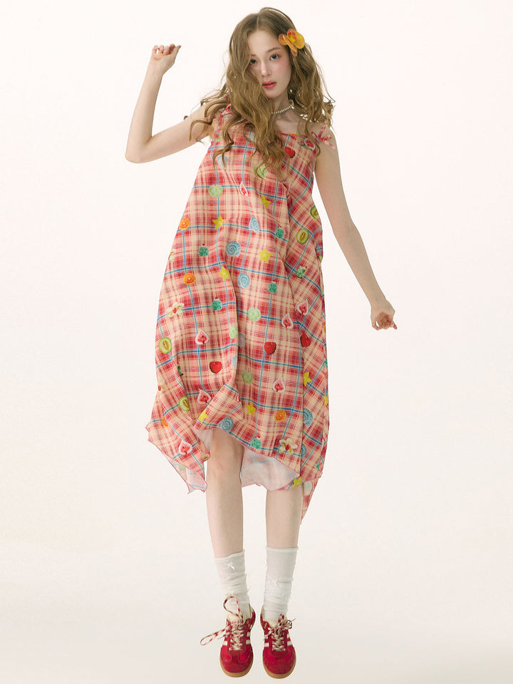 Fruit Print Plaid Handkerchief Maxi Dress