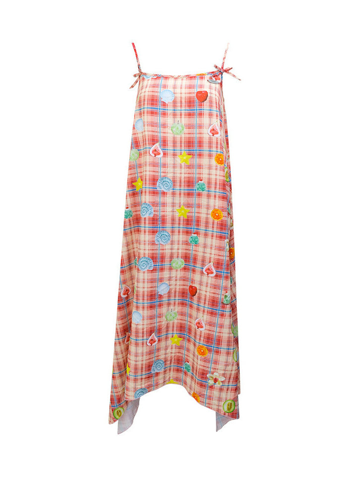 Fruit Print Plaid Handkerchief Maxi Dress