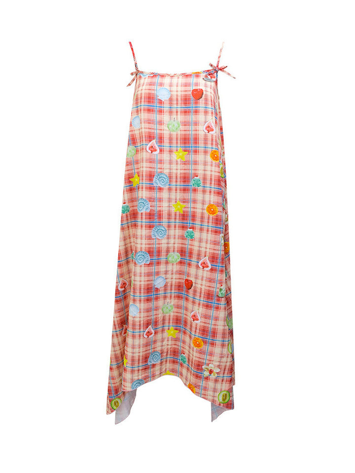 Fruit Print Plaid Handkerchief Maxi Dress