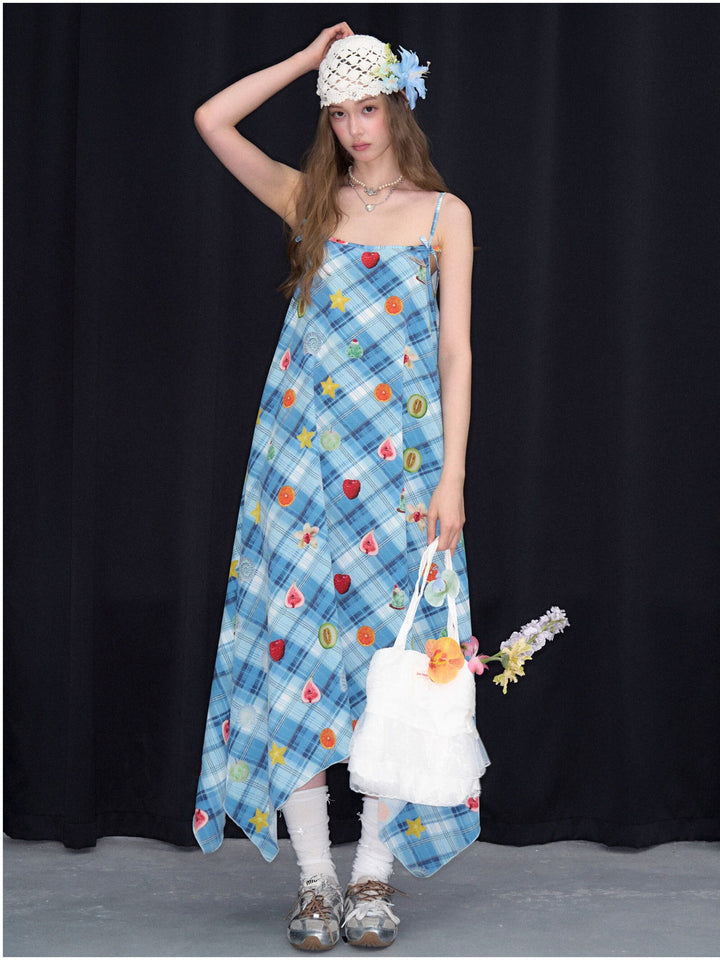 Blue Plaid Fruit Print Handkerchief Dress