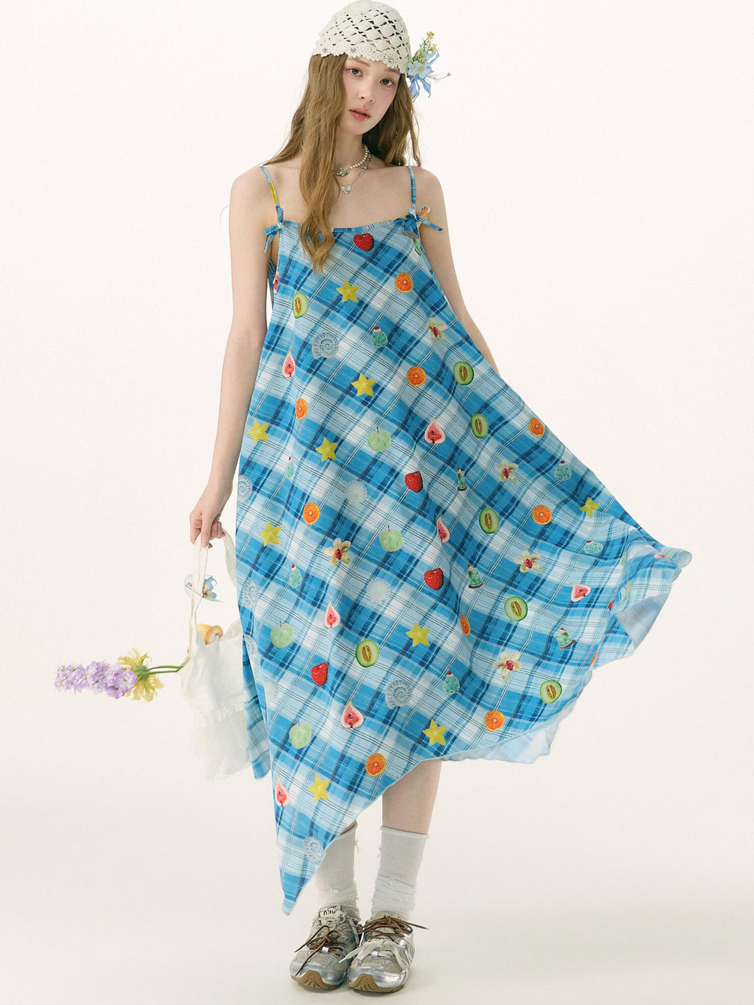 Blue Plaid Fruit Print Handkerchief Dress