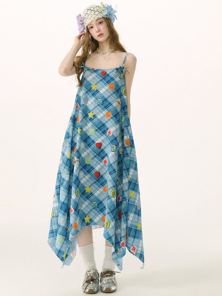 Blue Plaid Fruit Print Handkerchief Dress