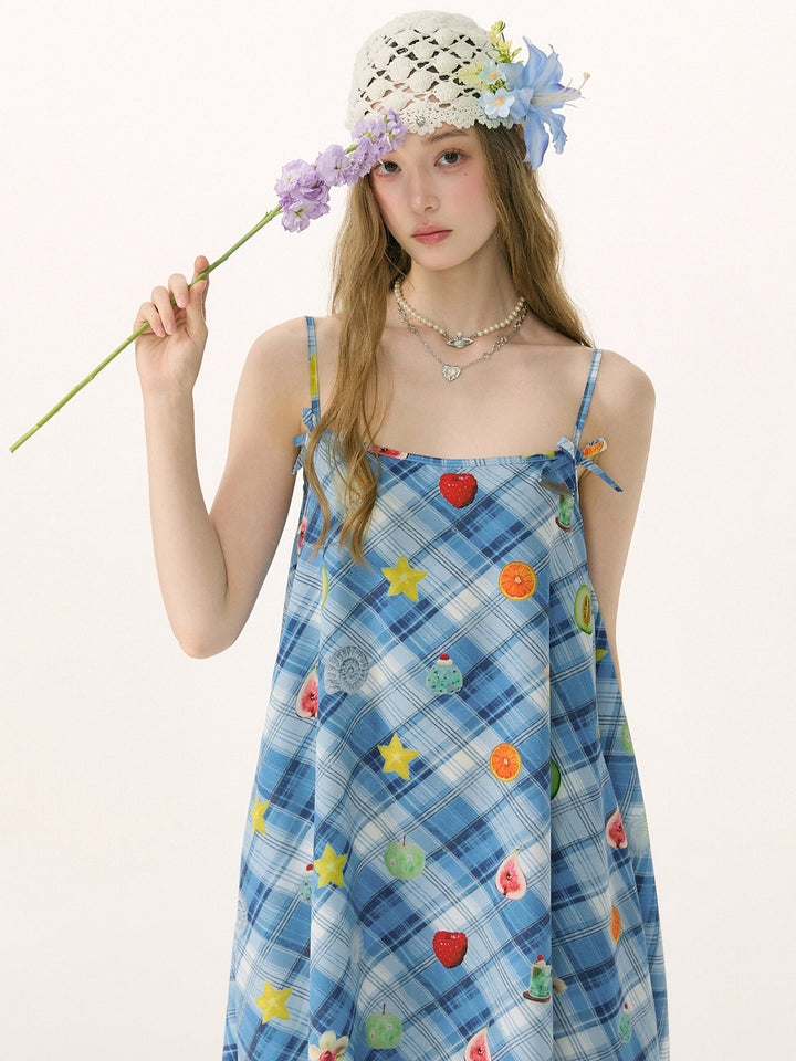 Blue Plaid Fruit Print Handkerchief Dress