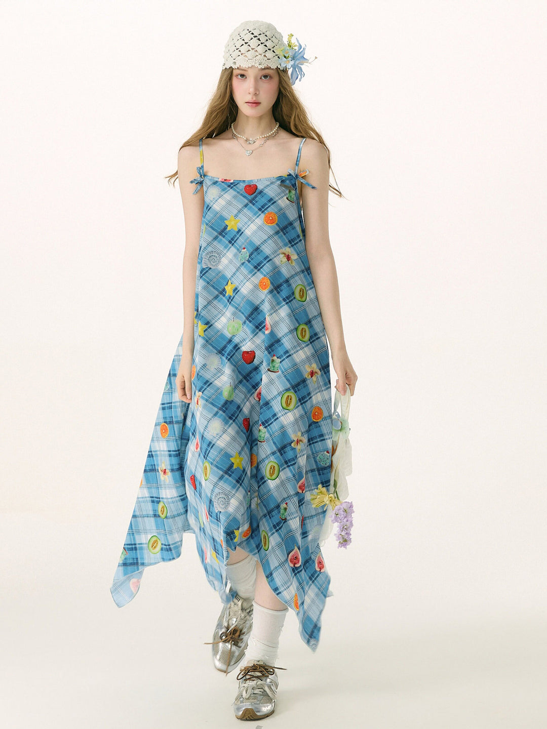 Blue Plaid Fruit Print Handkerchief Dress