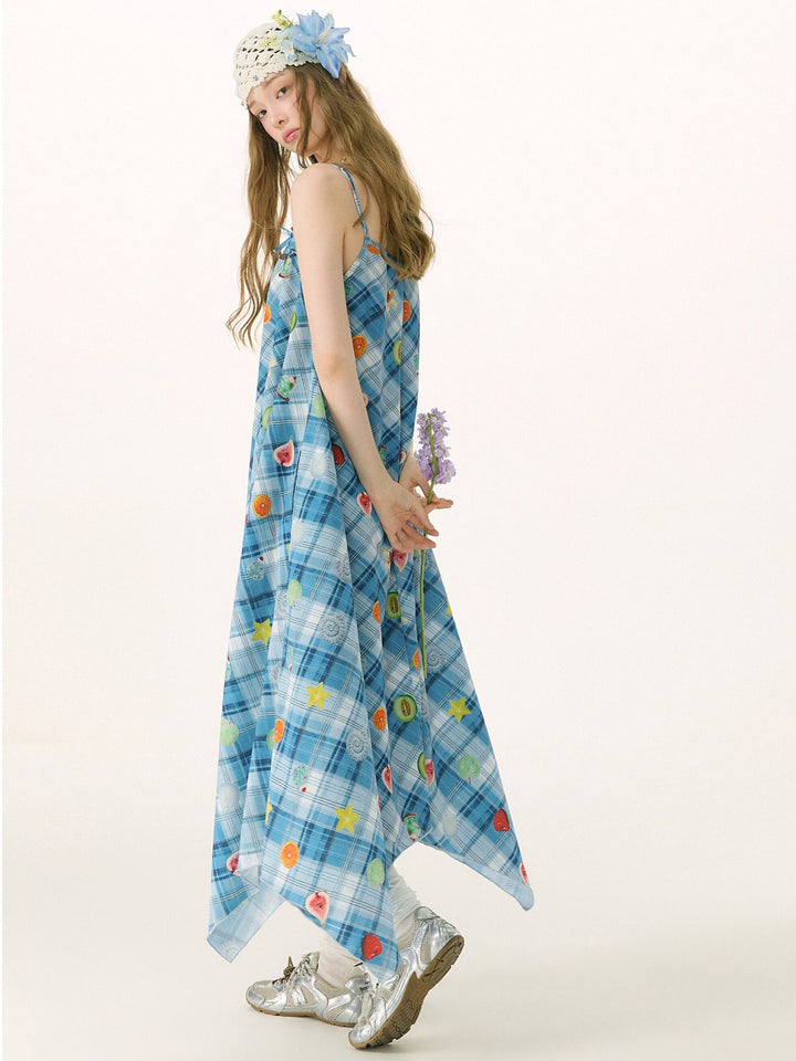 Blue Plaid Fruit Print Handkerchief Dress