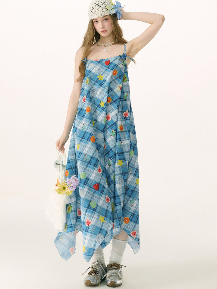 Blue Plaid Fruit Print Handkerchief Dress