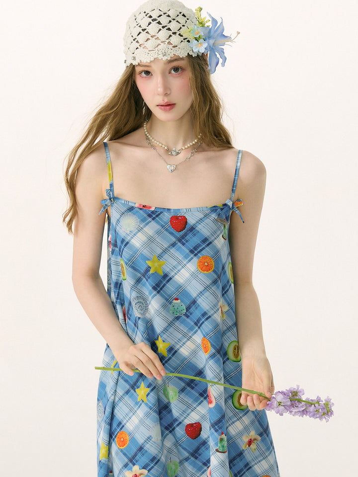 Blue Plaid Fruit Print Handkerchief Dress