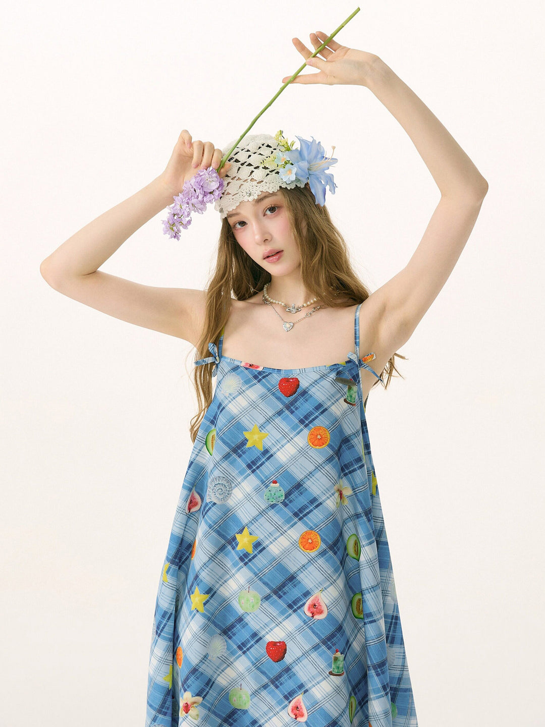 Blue Plaid Fruit Print Handkerchief Dress